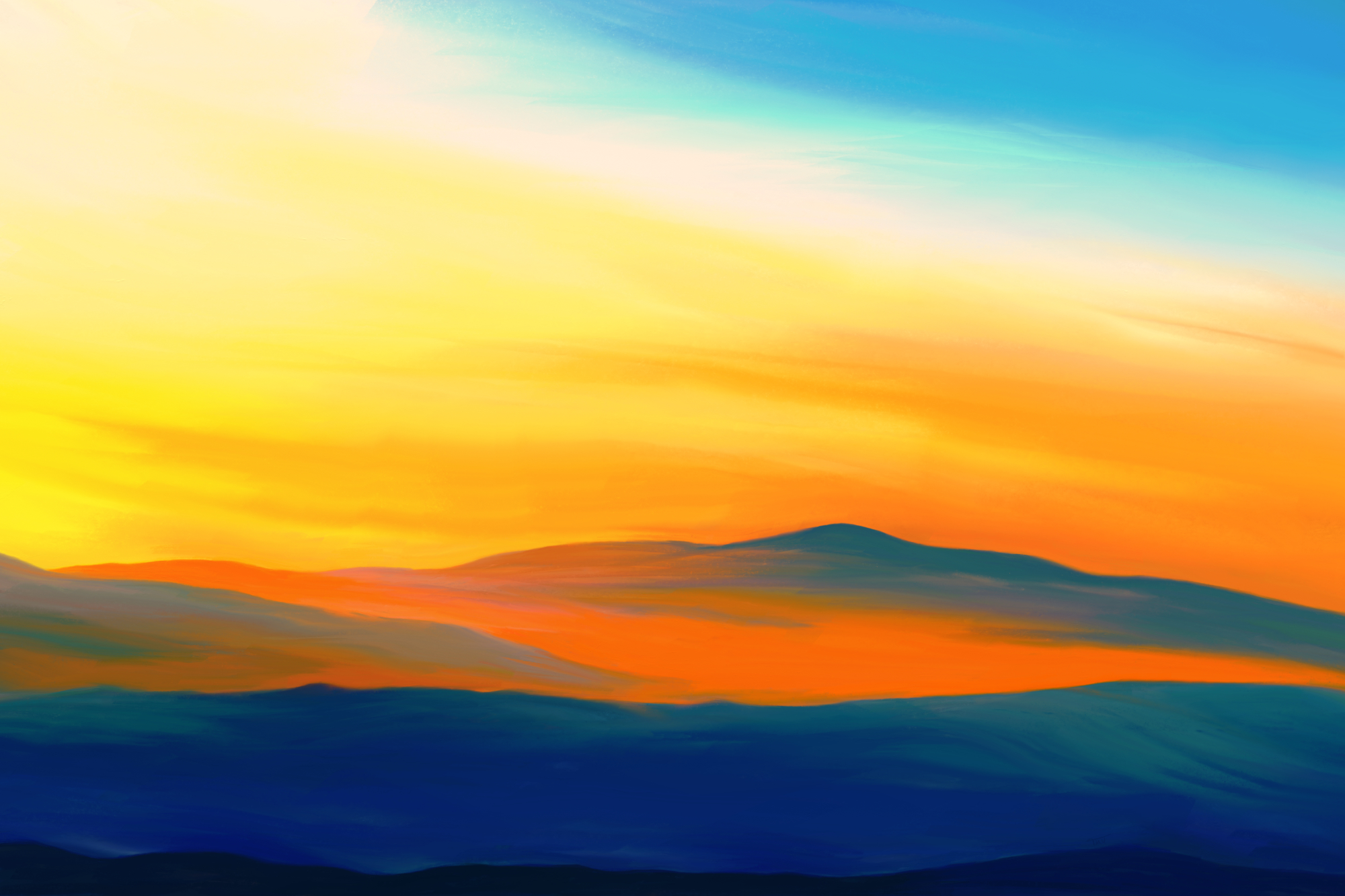 Digital acrylic painting of a peaceful landscape at sunrise with a yellow sky