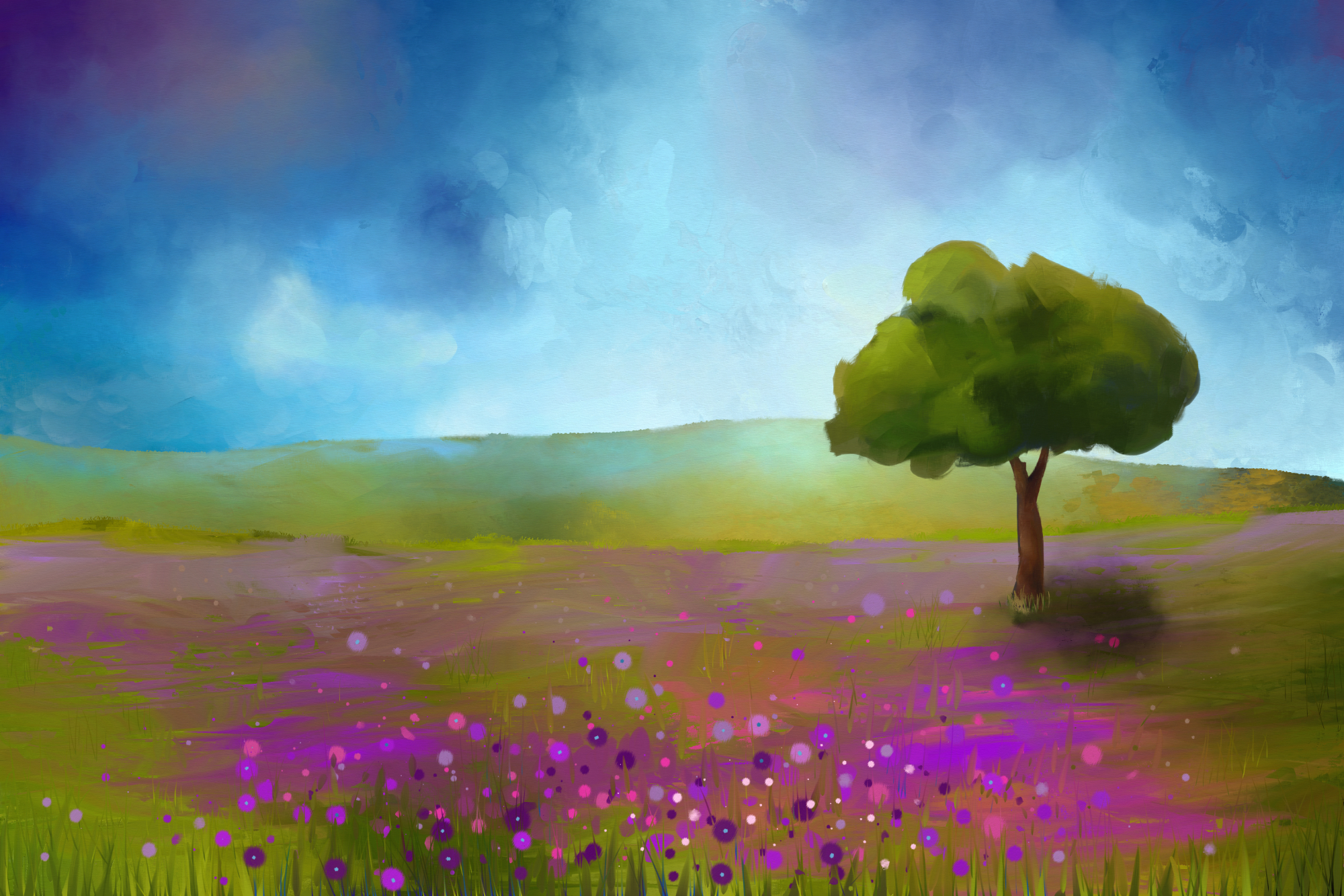 Digital painting of a landscape with purple flowers and a tree in a loose style
