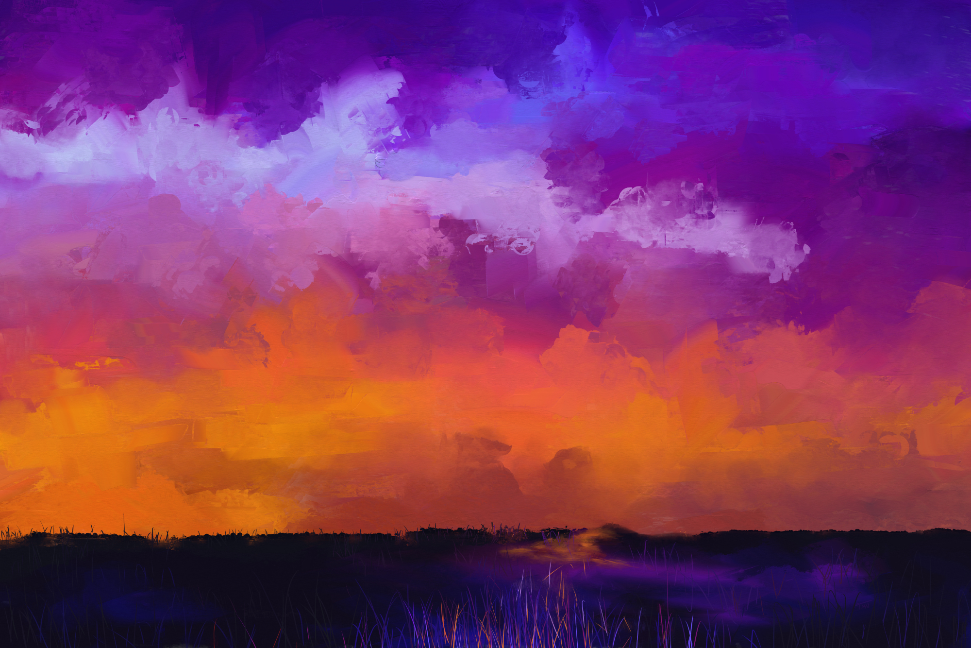 Digital Painting of an Abstract Expressive Landscape with Purple clouds