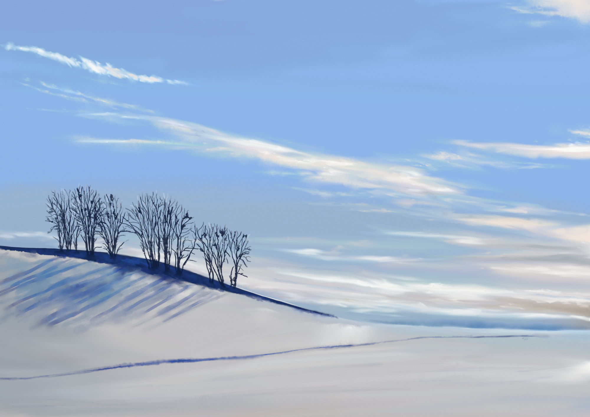Digital watercolor painting of a sunny winter landscape