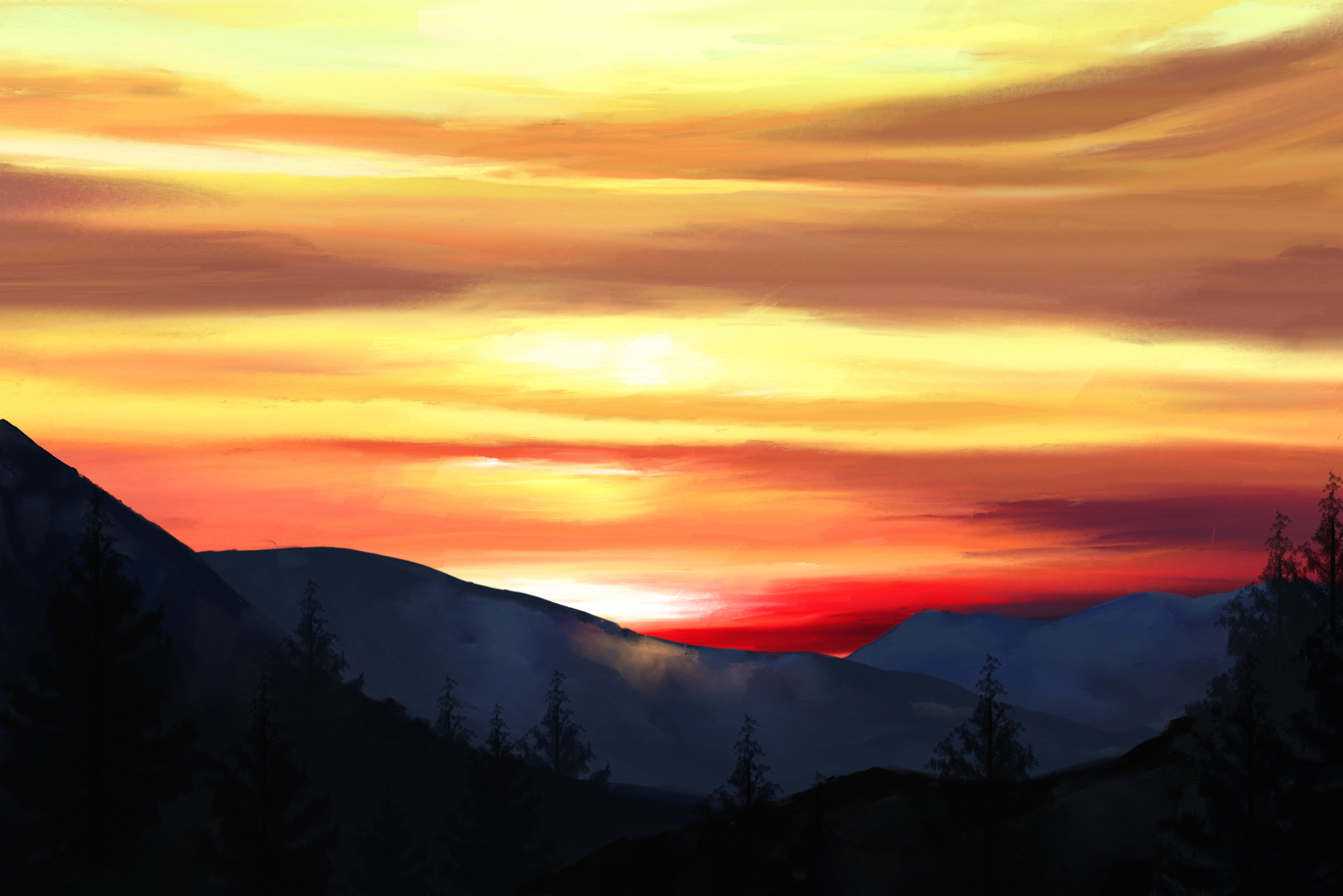 Digital acrylic painting of a landscape in the Golden Evening Sun