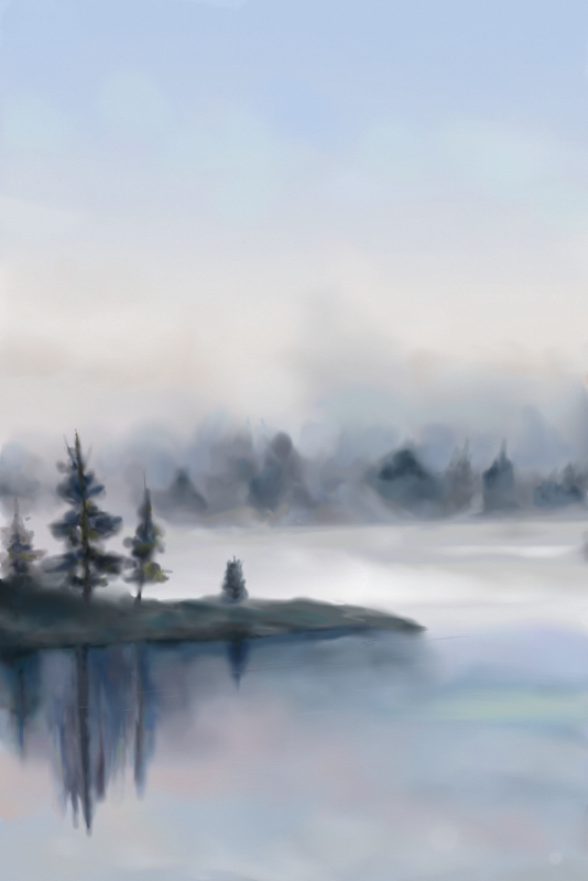 Digital watercolor painting of a misty lake with reflections