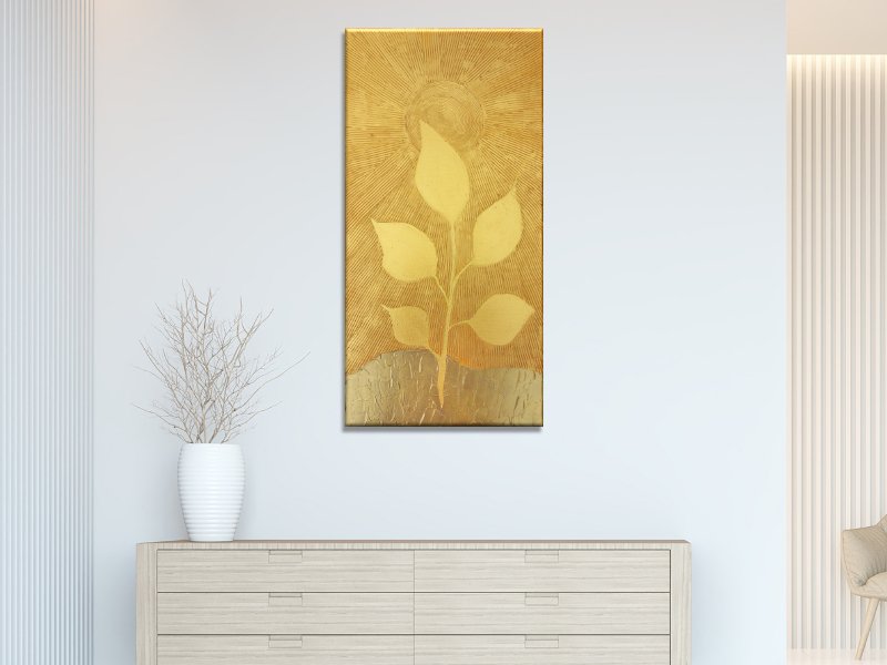 Golden leaves textured mixed-media landscape in gold