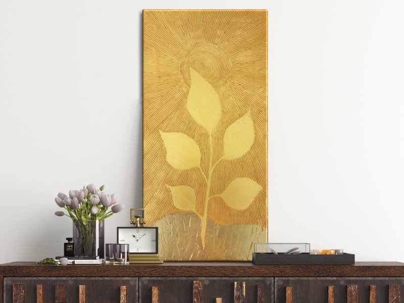 Golden leaves textured mixed-media landscape in gold