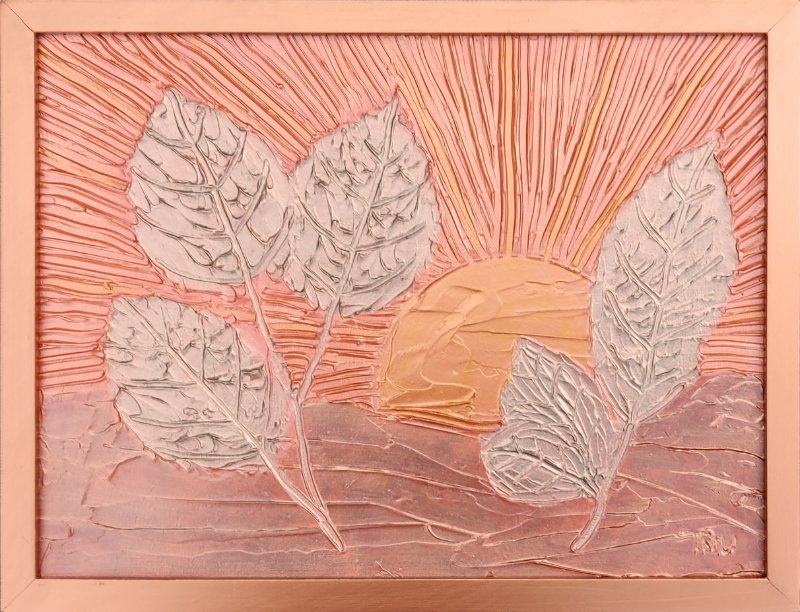Leaves at sunrise textured mixed media art in rosegold and silver