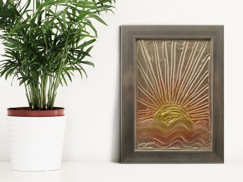 Ocean sunrise textured mixed media art in gold and silver