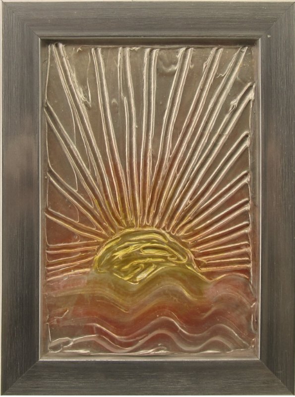 Ocean sunrise textured mixed media art in gold and silver