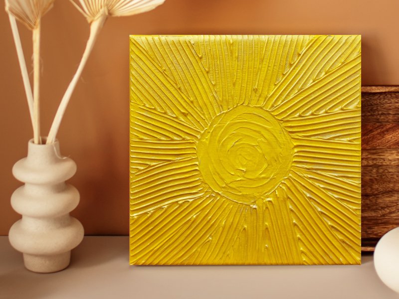 Sun textured mixed media art in yellow and gold