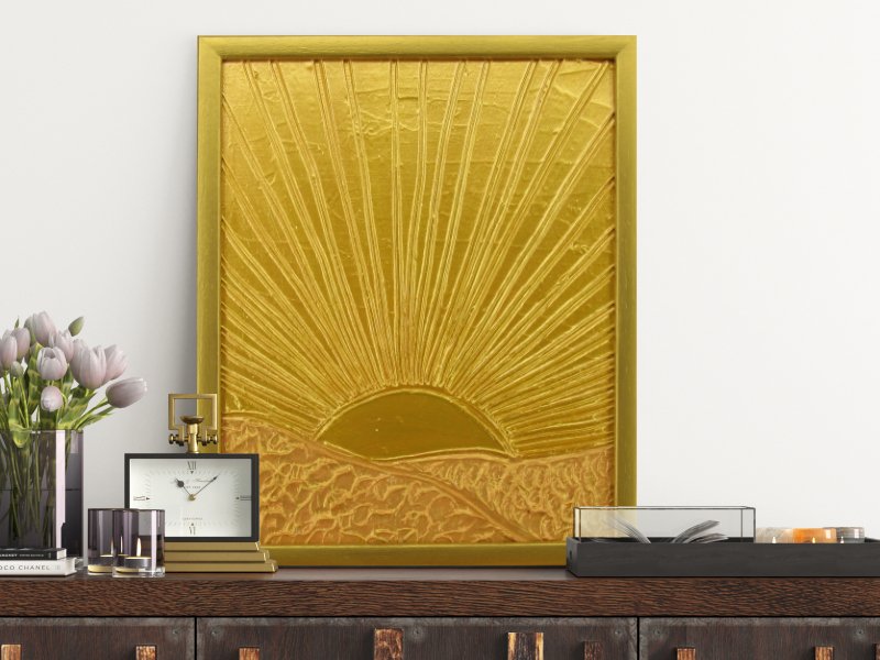 Textured mixed media artwork of a golden sunrise 1