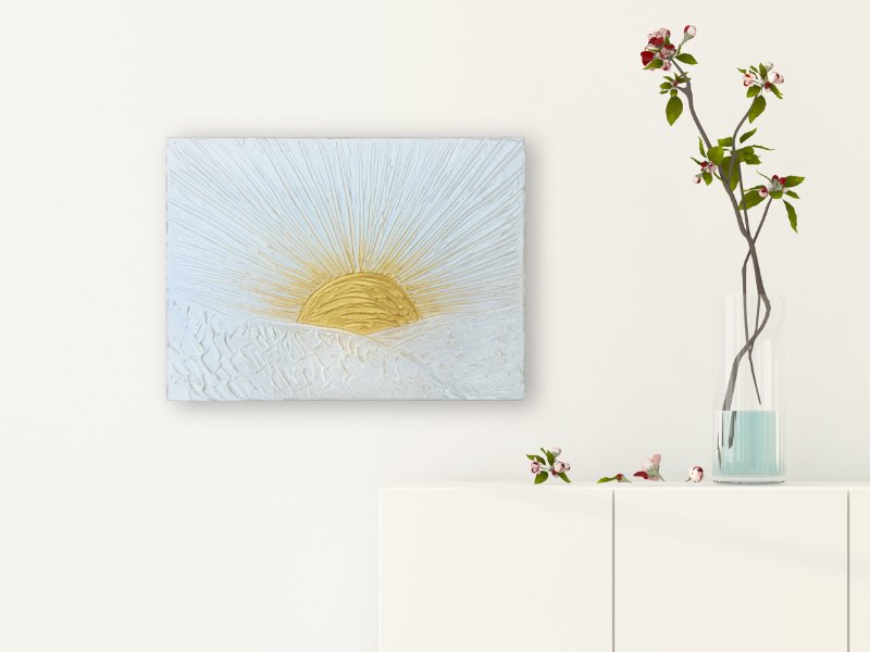 Textured mixed-media landscape with a golden sun on a white winter day 1