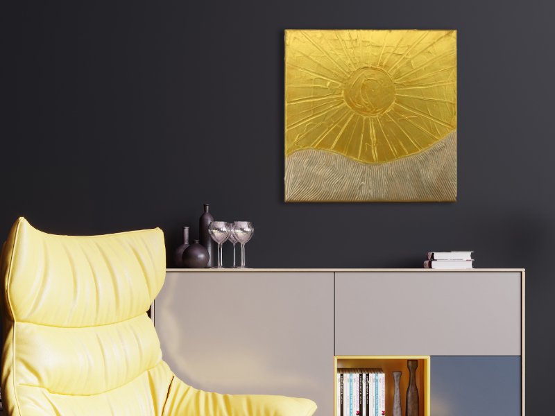 Golden Summer Sun 1 textured mixed media artwork in gold and silver