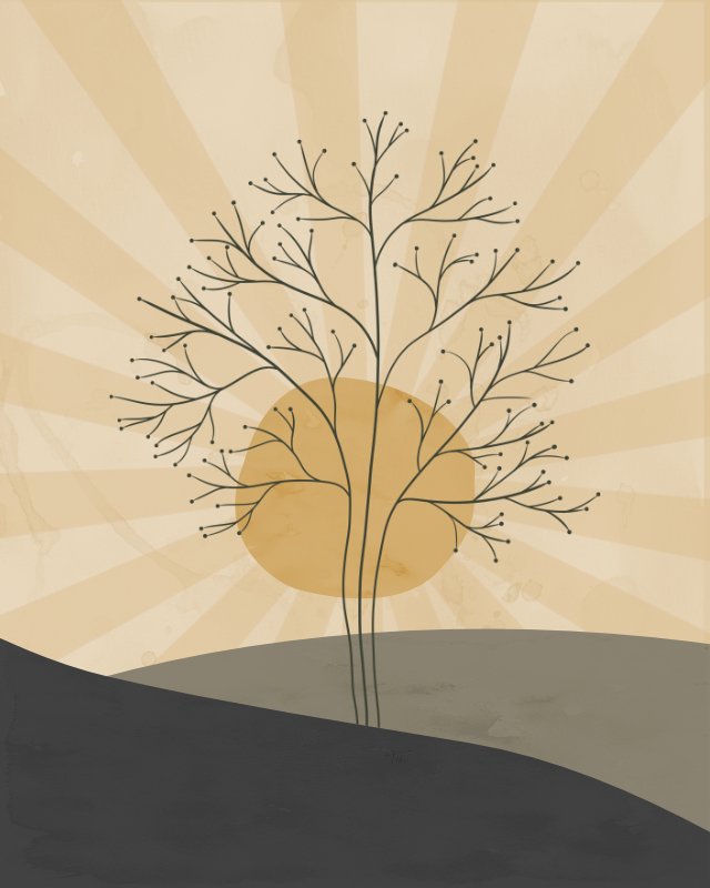 Minimalist landscape with retro sun rays and a tree 9