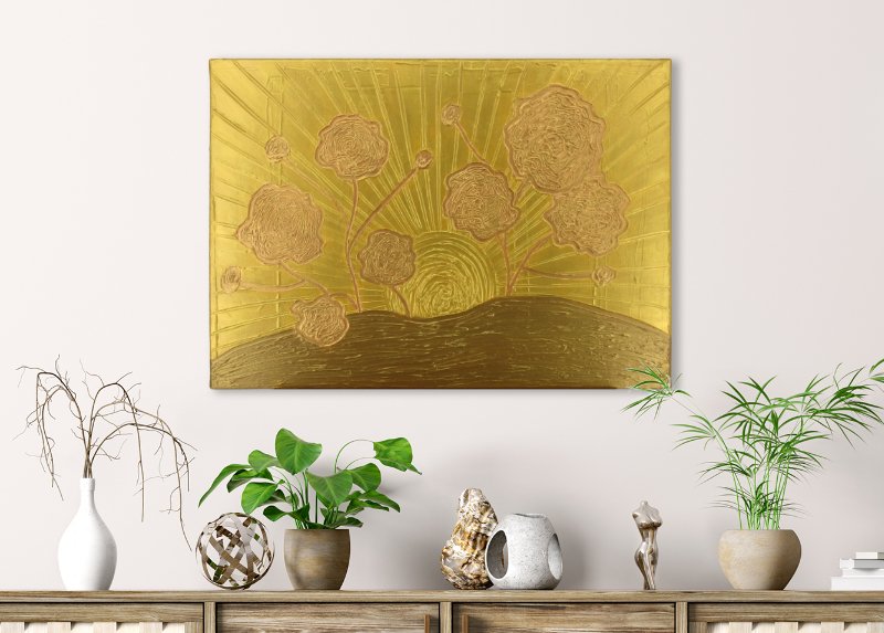 Mixed media landscape with abstract flowers in gold and bronze