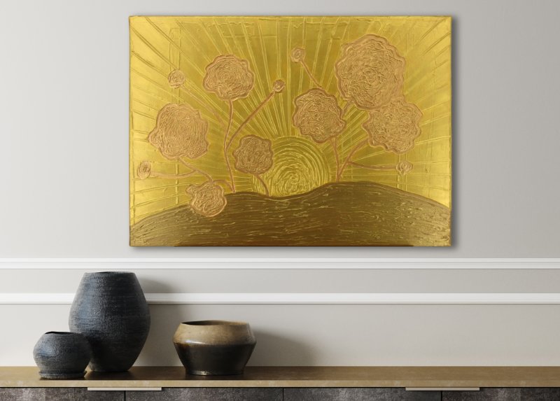 Mixed media landscape with abstract flowers in gold and bronze