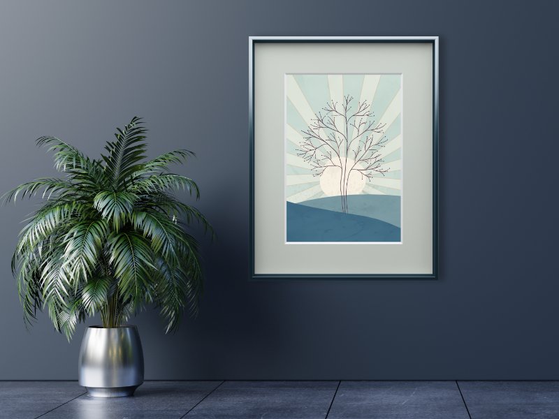 Retro style landscape with a tree in winter colors 1