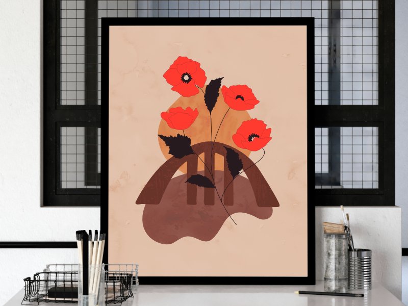 Abstract landscape with red poppies next to a bridge