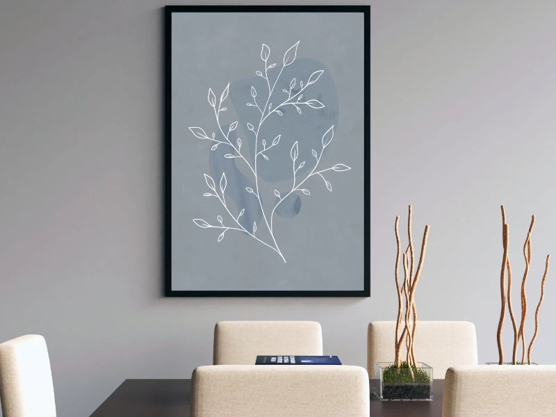 Minimalist line art of a branch with leaves in blue gray colors 1