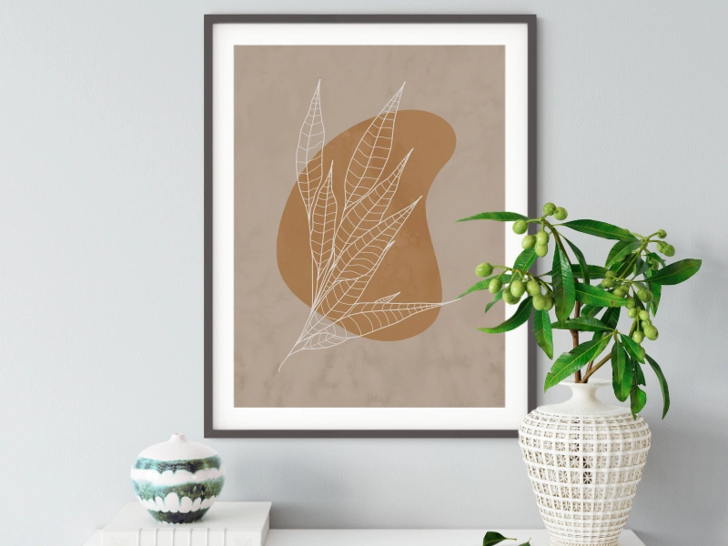Minimalist line art of a branch with leaves in earth colors 1