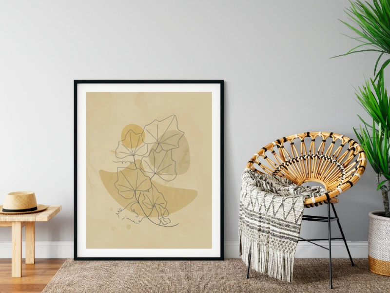Minimalist line art of a branch with leaves in warm beige colors 1