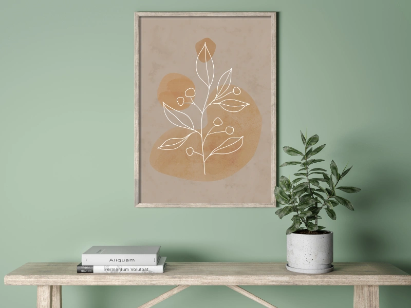 Minimalist line art of a branch with leaves in warm beige colors 3