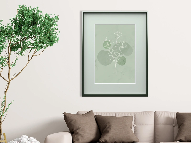 Minimalist line art of a branch with leaves in green gray colors 1