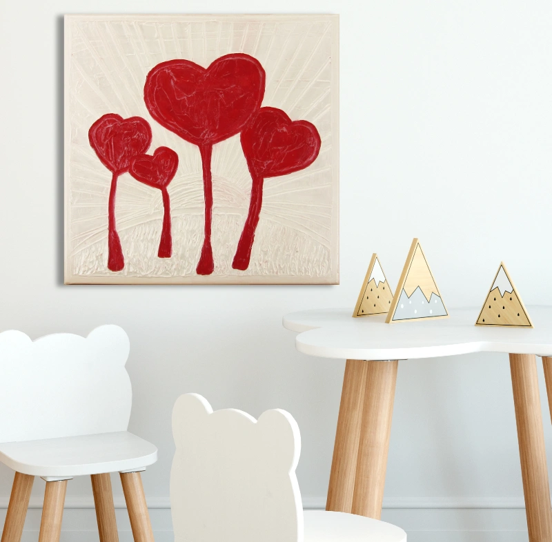 Mixed media landscape of red heart-shaped trees in the sun 1