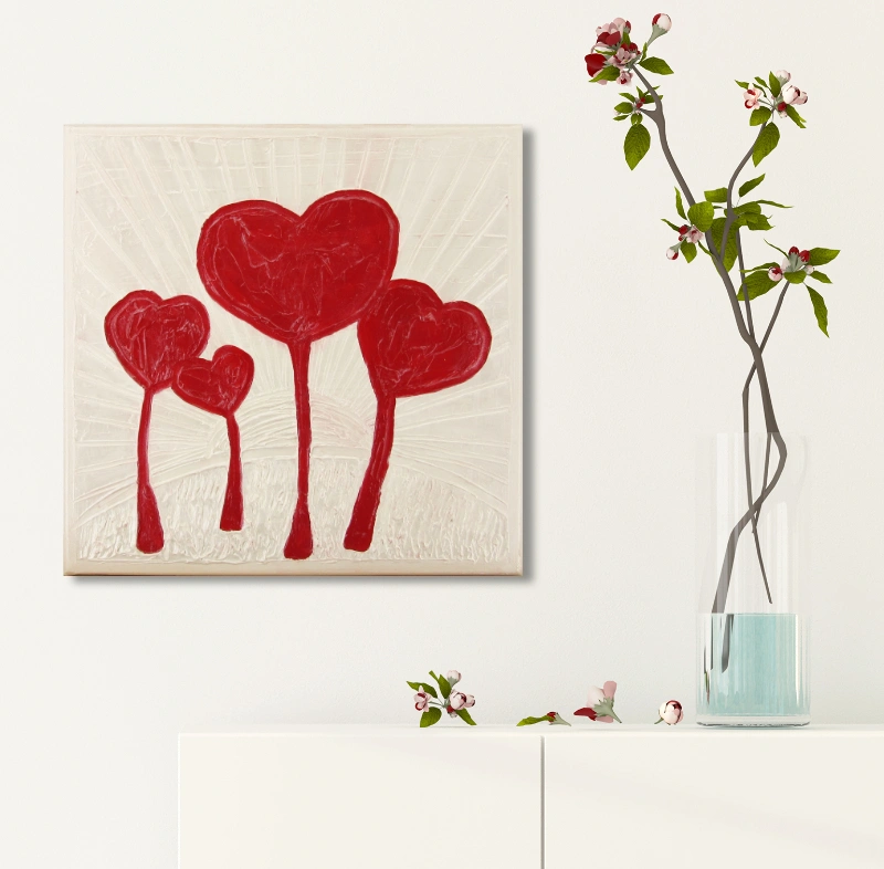 Mixed media landscape of red heart-shaped trees in the sun 1