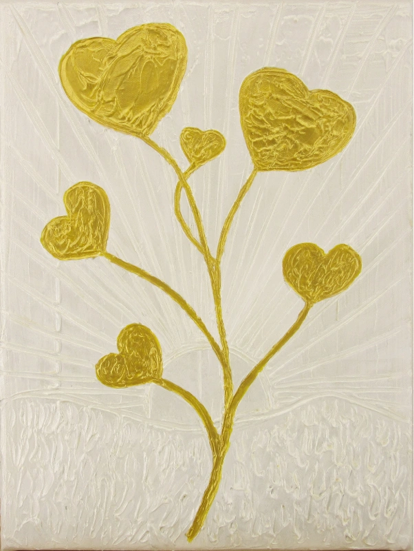 Mixed media art of a plant with golden heart-shaped flowers in the sun 1