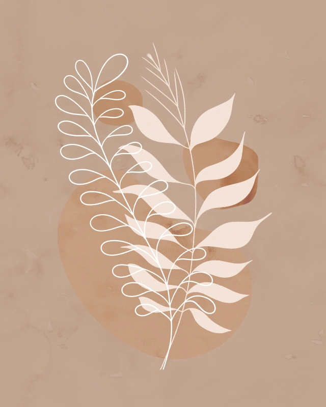Minimalist line art of a branch with leaves in light brown colors 1