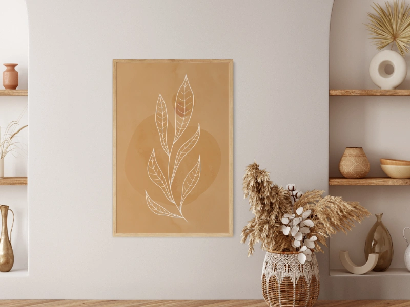 Minimalist line art of a branch with leaves in muted orange colors 1