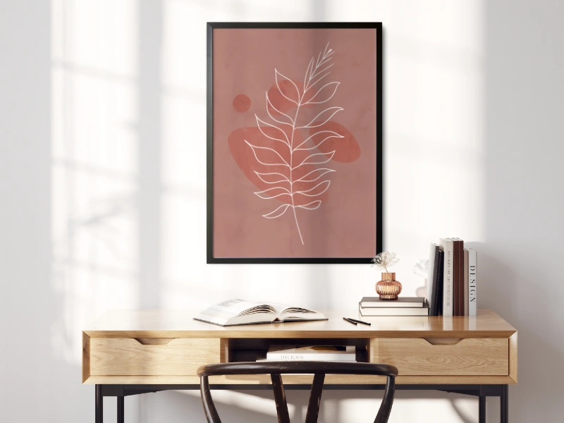 Minimalist line art of a branch with leaves in terracotta red colors 1