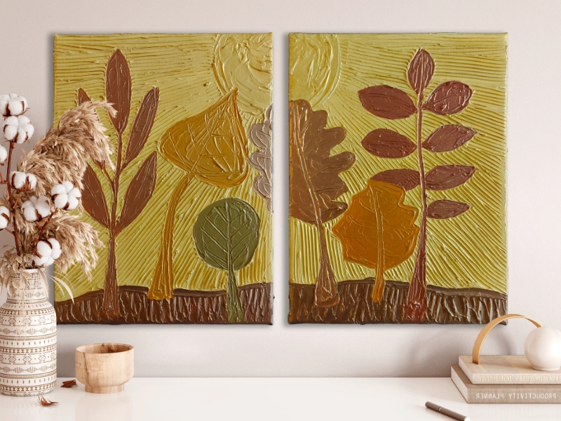 Mixed media art with texture abstract landscape with autumn trees diptych 1