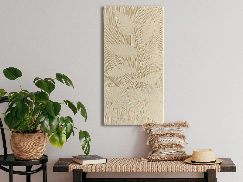 Textured mixed media landscape with a plant in the sun in neutral colors 2