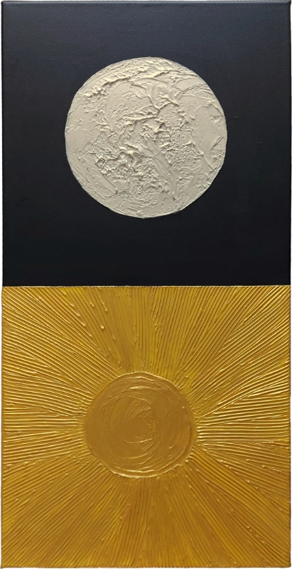 Mixed media art on canvas with texture sun and moon 1