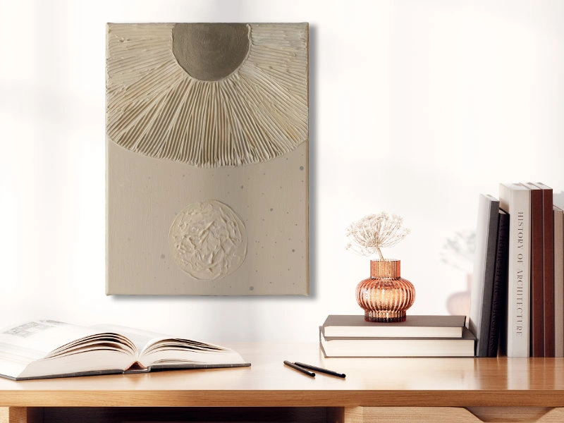 Textured mixed media art with the sun and moon in neutral colors 1