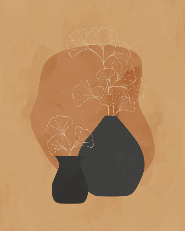 Minimalist illustration of a still life with Ginkgo in two vases 2