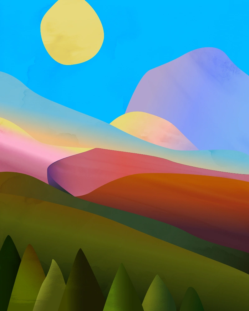 Abstract landscape with a row of green pine trees