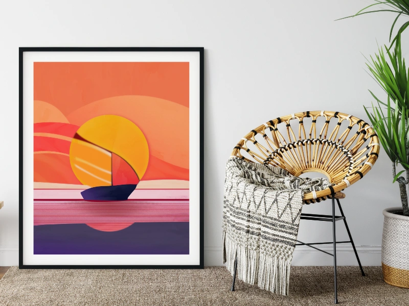 Abstract seascape with a sailboat at sunset