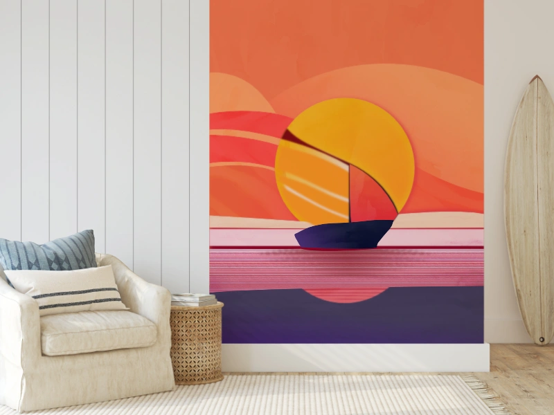 Abstract seascape with a sailboat at sunset