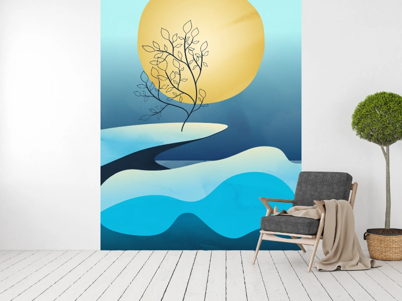 Abstract seascape with a tree on a cliff above large ocean waves