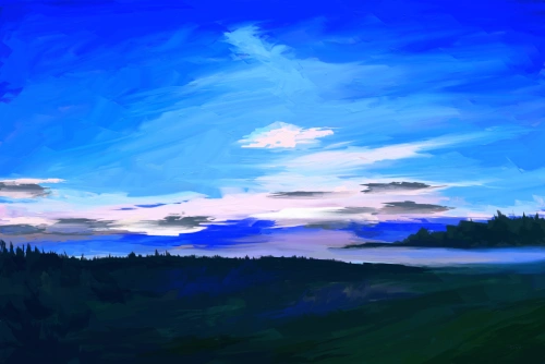 Blue painting of a landscape just before sunrise.