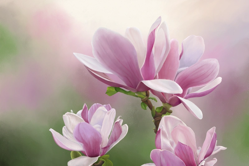 Digital soft pastel painting of Magnolia flowers in white and pink.