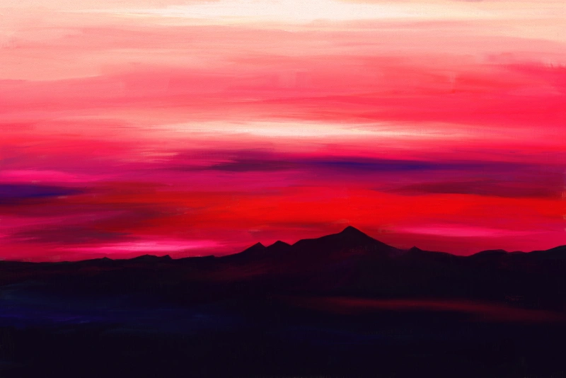 Digital acrylic painting of a landscape with a pink and red sky.