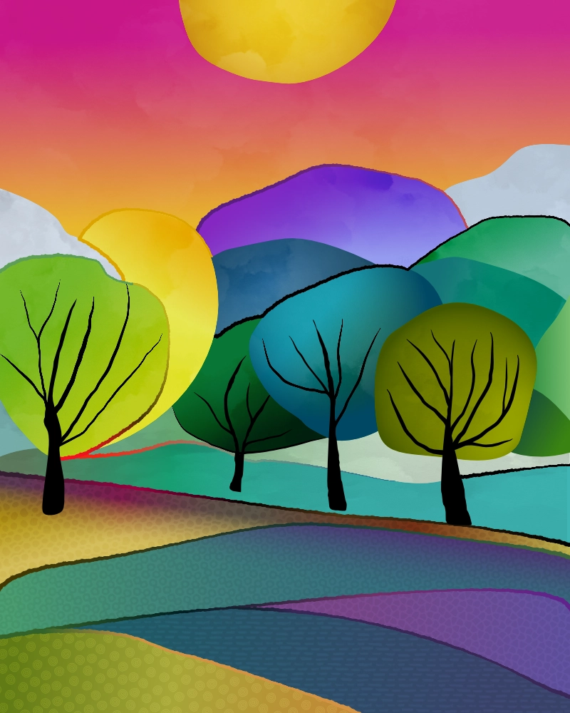 Abstract colorful landscape with trees and fields in the sun 3