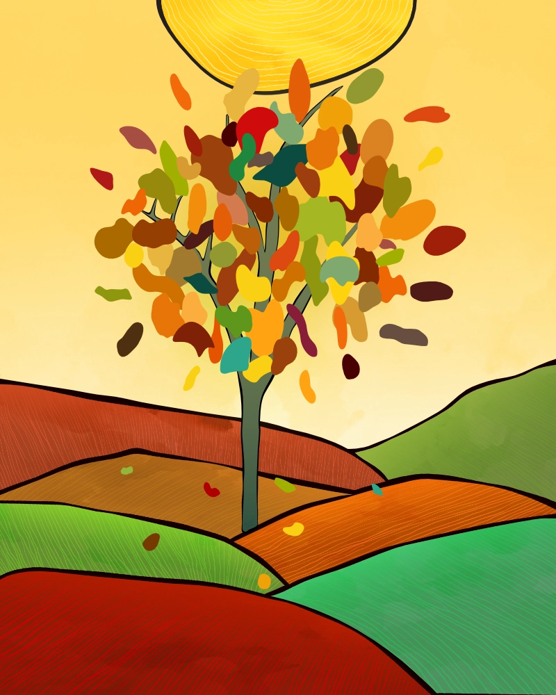 Abstract autumn landscape featuring a tree with falling leaves 1
