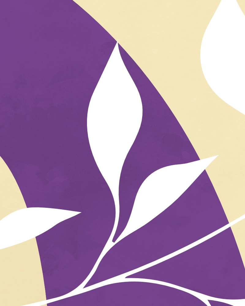 Minimalist still life of leaves in a vase and shapes in yellow and purple detail 6