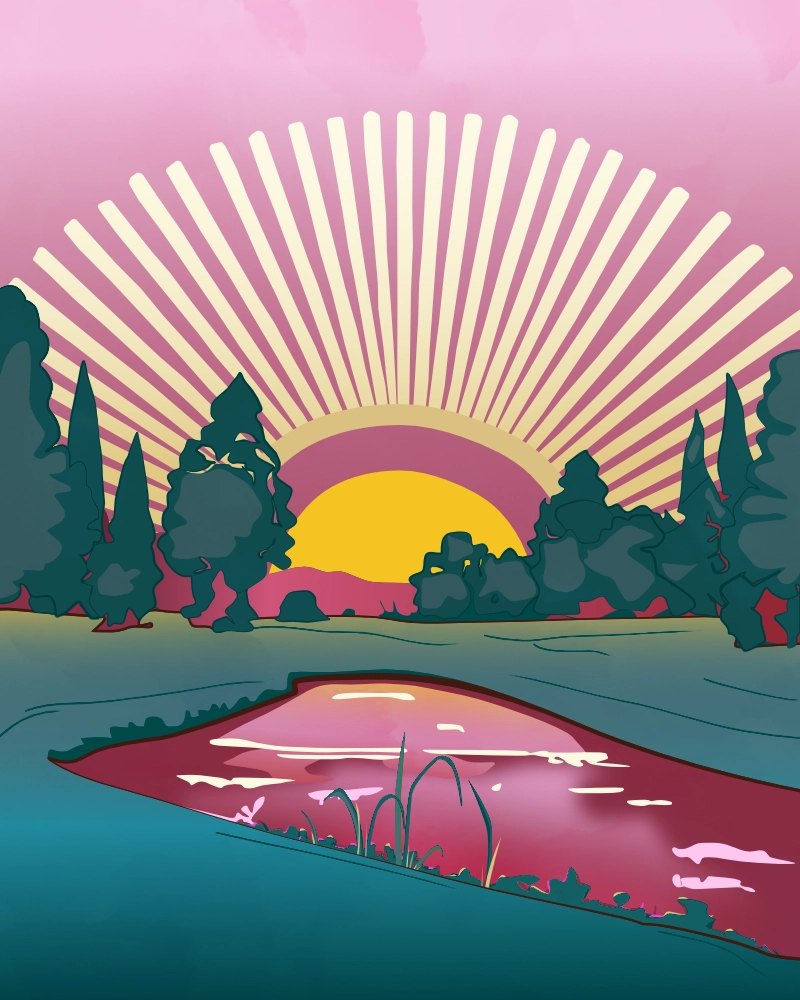 Sunset reflection abstract retro style landscape 2