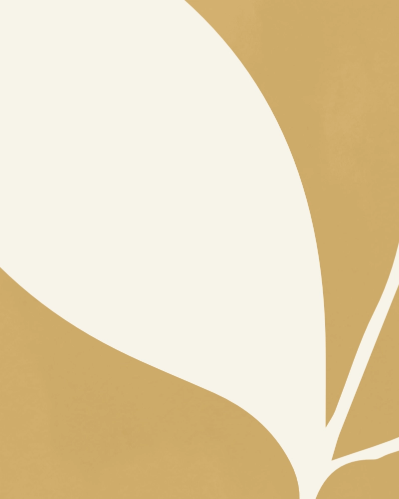 Minimalist illustration of a twig with leaves ivory on light yellow ochre 1 detail 3