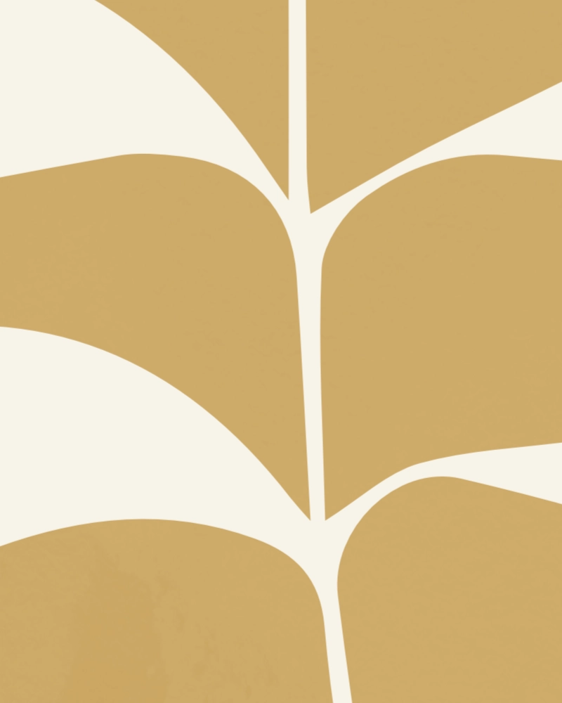 Minimalist illustration of a twig with leaves ivory on light yellow ochre 1 detail 5