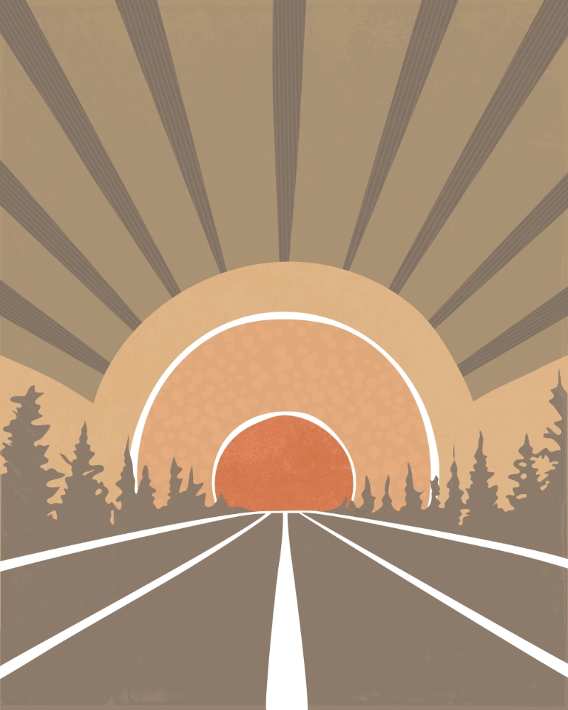Abstract landscape featuring a road leading into the setting sun in retro style and colors 1